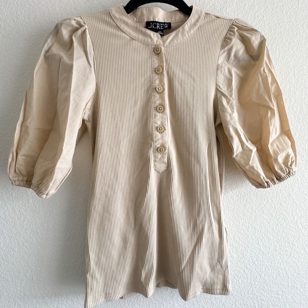 J.Crew New Vintage Rib Puff Sleeve Henley Top in Light Khaki Natural Size XXS - Picture 3 of 8